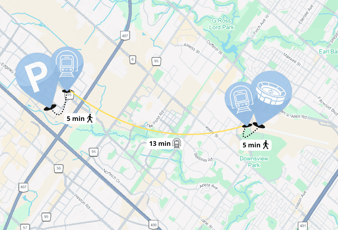 Rogers Stadium Toronto Parking Pass at 3300 Highway 7 Vaughan showing park and ride route via Vaughan Metropolitan Centre subway to Rogers Stadium
