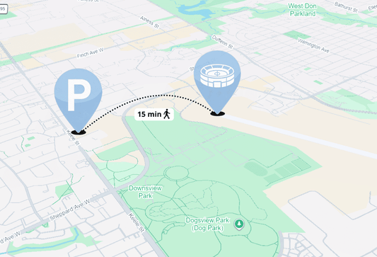 Rogers Stadium Toronto Parking Pass at 3695 Keele St North York showing 15 minute walking route to Rogers Stadium