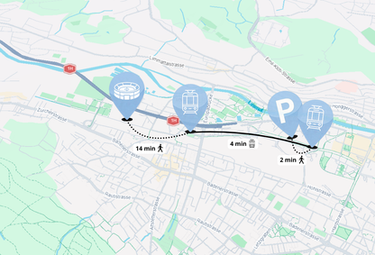 IIHF 2026 Parking Pass at Hard Turm Park Zurich with tram route to Swiss Life Arena showing 2 minute walk to Toni Areal, 4 minute Bus 51 ride and 14 minute walk to the arena entrance
