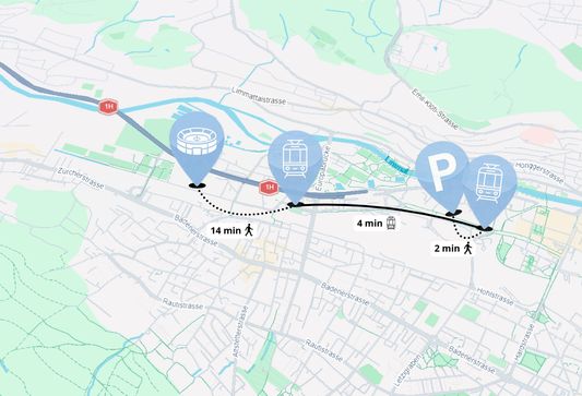 IIHF 2026 Parking Pass at Hard Turm Park Zurich with tram route to Swiss Life Arena showing 2 minute walk to Toni Areal, 4 minute Bus 51 ride and 14 minute walk to the arena entrance