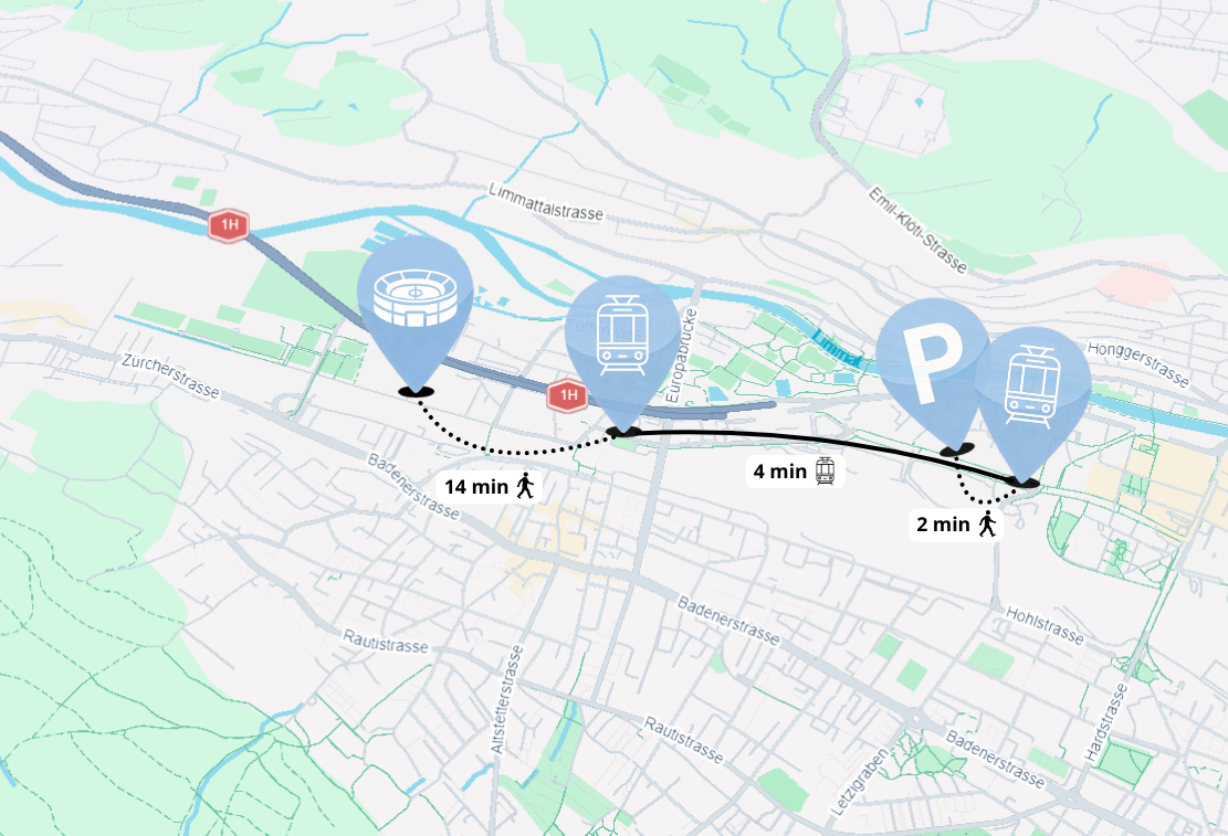 IIHF 2026 Parking Pass at Hard Turm Park Zurich with tram route to Swiss Life Arena showing 2 minute walk to Toni Areal, 4 minute Bus 51 ride and 14 minute walk to the arena entrance