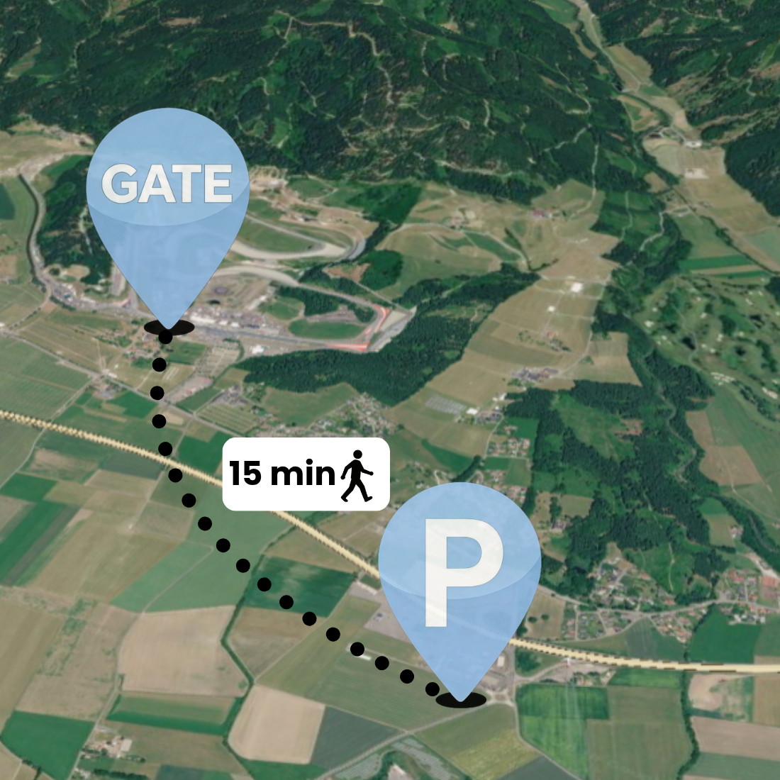 F1 Austrian Grand Prix 2026 Parking Pass at Red Bull Ring Spielberg showing private parking area 15 minutes walk from the circuit main gate