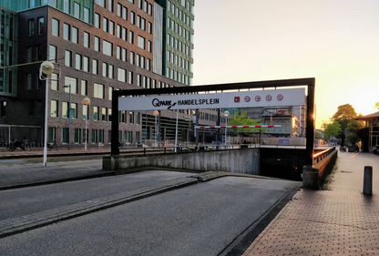 Parking garage entrance at Handelsplein Amstelveen for F1 Dutch Grand Prix 2026 Park and Ride shuttle to Circuit Zandvoort