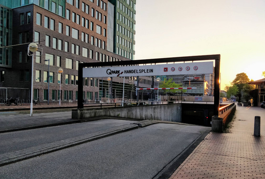 Parking garage entrance at Handelsplein Amstelveen for F1 Dutch Grand Prix 2026 Park and Ride shuttle to Circuit Zandvoort