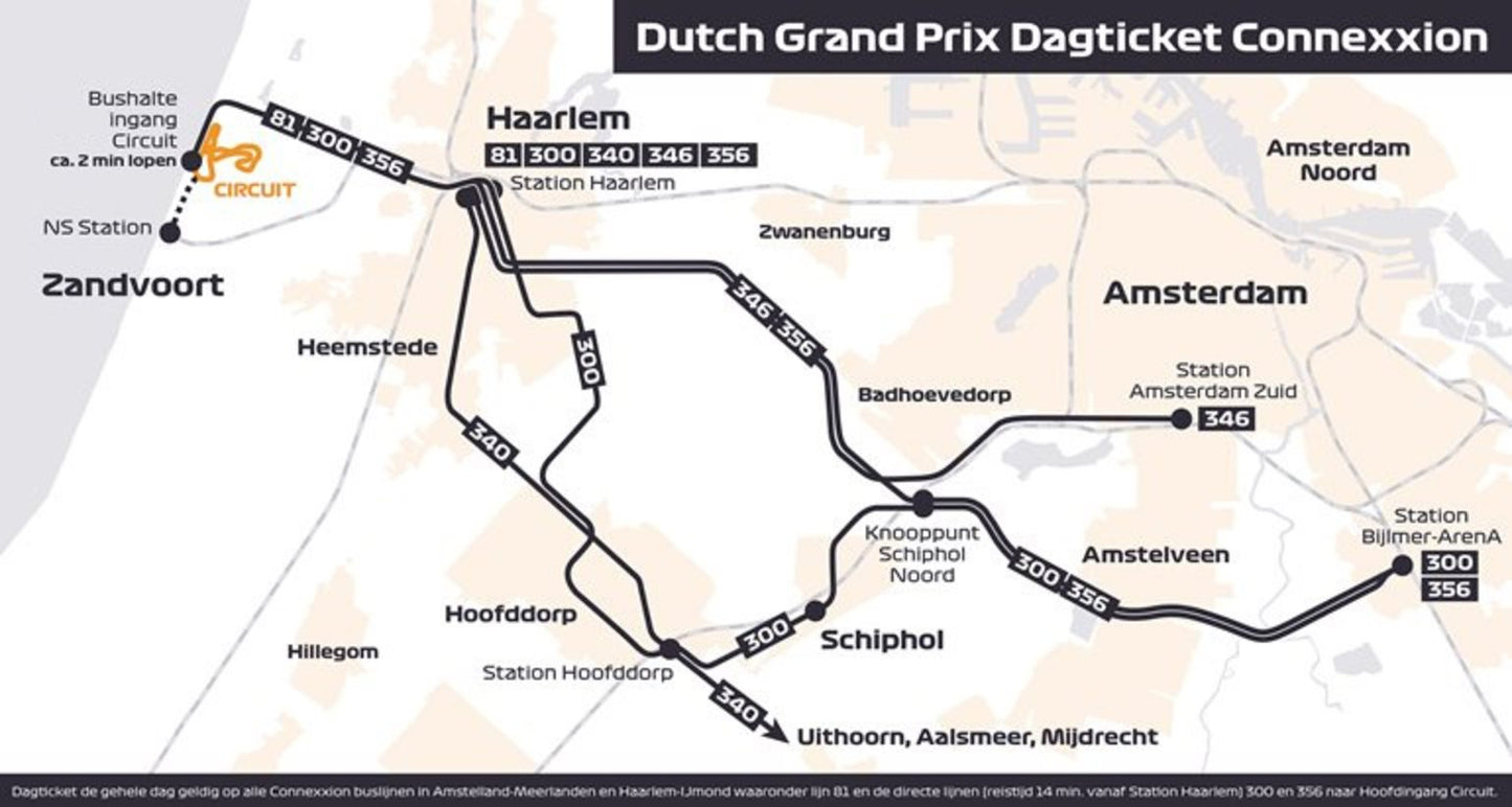 F1 Dutch Grand Prix 2026 Circuit Zandvoort Park and Ride shuttle bus map showing routes from Hoofddorp, Amstelveen and Mahler Amsterdam to MASCOT Circuit Zandvoort via Haarlem Station
