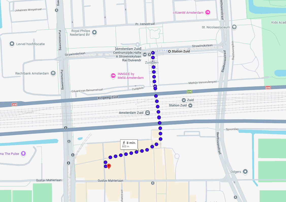 Map showing 8 minute walking route from Mahler parking garage to Station Zuid Amsterdam for F1 Dutch Grand Prix 2026 shuttle connection to Circuit Zandvoort