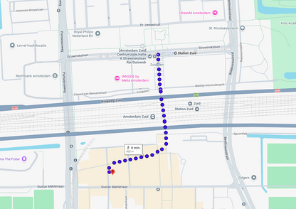 Map showing 8 minute walking route from Mahler parking garage to Station Zuid Amsterdam for F1 Dutch Grand Prix 2026 shuttle connection to Circuit Zandvoort