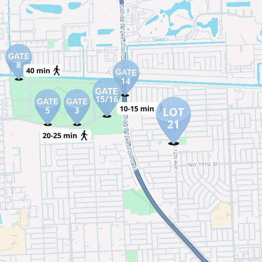 F1 Miami Grand Prix 2026 Lot 21 parking map showing 10 to 15 minute walk to Gates 14 and 15/16 and 20 to 25 minute walk to Gates 3 and 5 at Miami International Autodrome