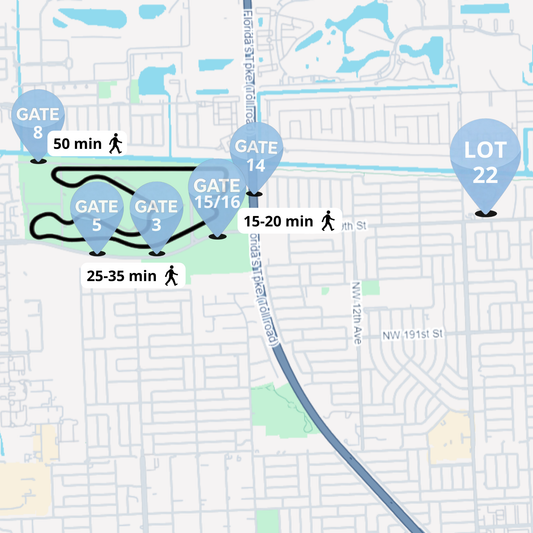F1 Miami Grand Prix 2026 Lot 22 parking map showing 15 to 20 minute walk to Gates 14 and 15/16 and 25 to 35 minute walk to Gates 3 and 5 at Miami International Autodrome