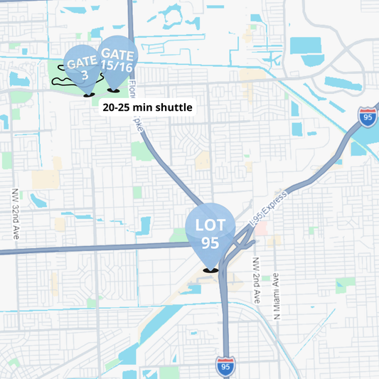 F1 Miami Grand Prix 2026 Lot 95 parking map showing 20 to 25 minute shuttle service to Gates 3 and 15/16 at Miami International Autodrome from Golden Glades Transit Center.