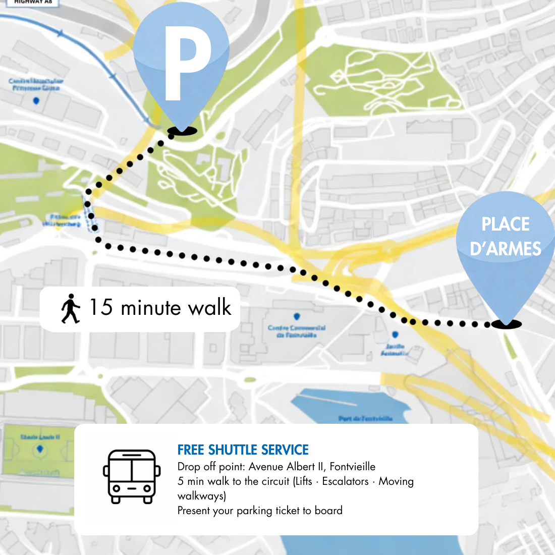 Monaco GP F1 Parking Map showing a 15-minute walk from Place d'Armes to a parking area with shuttle service information.