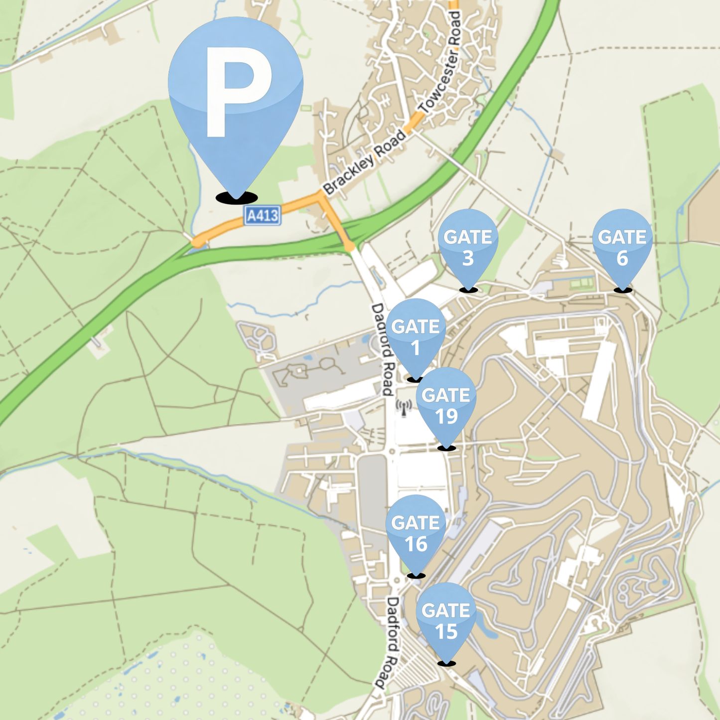 Silverstone F1 British Grand Prix 2026 Parking Pass map showing campground parking location and walking routes to the circuit gates