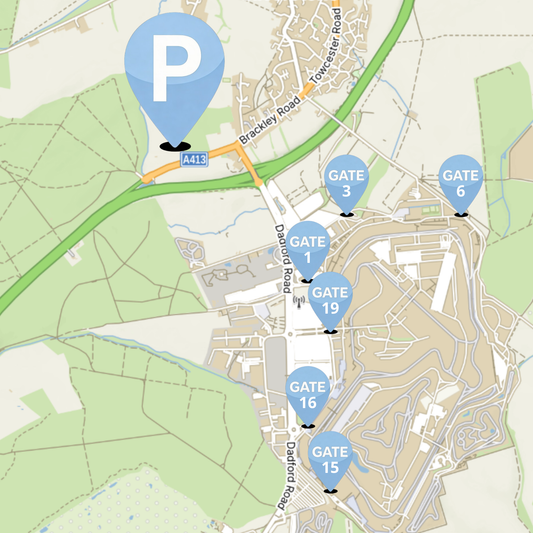 Silverstone F1 British Grand Prix 2026 Parking Pass map showing campground parking location and walking routes to the circuit gates