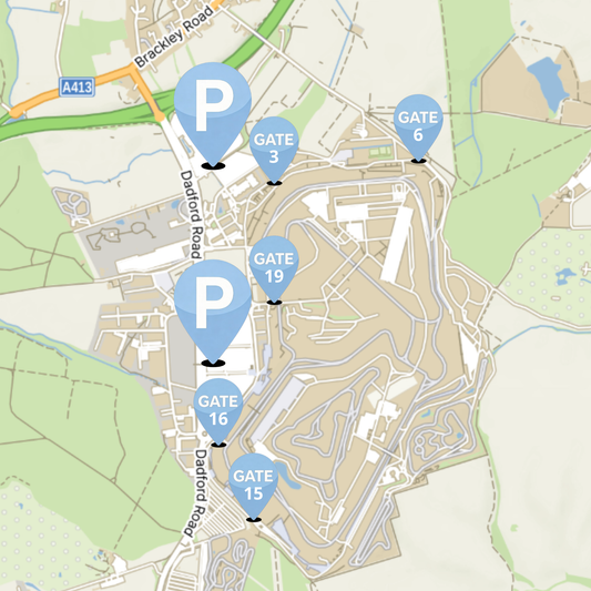 Silverstone F1 British Grand Prix 2026 Parking Pass map showing car park locations and walking routes to the circuit gates