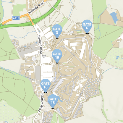 Map showing Silverstone F1 British Grand Prix 2026 Park and Ride drop-off locations gates 3, 6, 15, 16, 19.