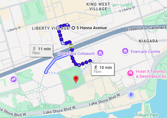 Map showing 10 minute walking route from 5 Hanna Ave Toronto Liberty Village to BMO Field for World Cup 2026 match day parking