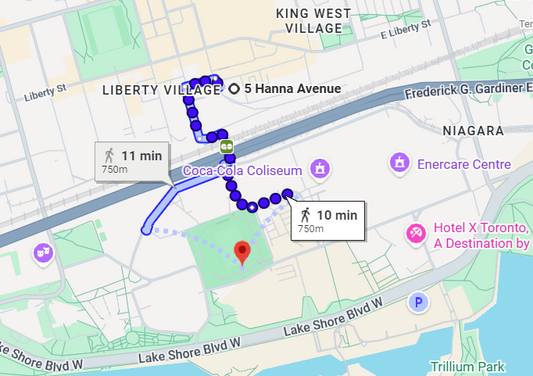 Map showing 10 minute walking route from 5 Hanna Ave Toronto Liberty Village to BMO Field for World Cup 2026 match day parking